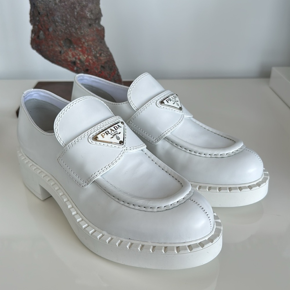 Prada Chocolate Brushed Leather Loafers in White size 36